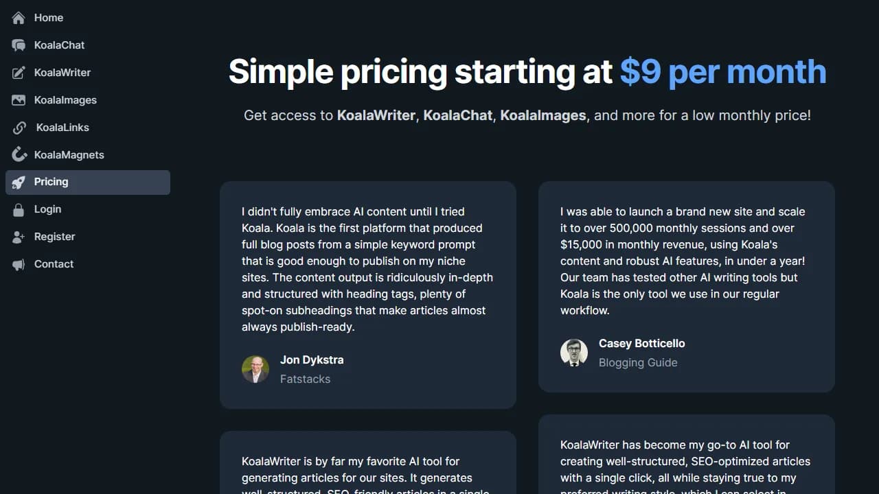 Capture officielle de la page pricing Koala AI avec le point d’entrée à 9 dollars par mois