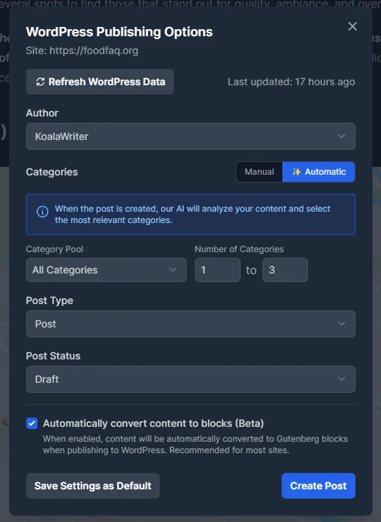 Capture du panneau WordPress Publishing Options documenté dans le support Koala