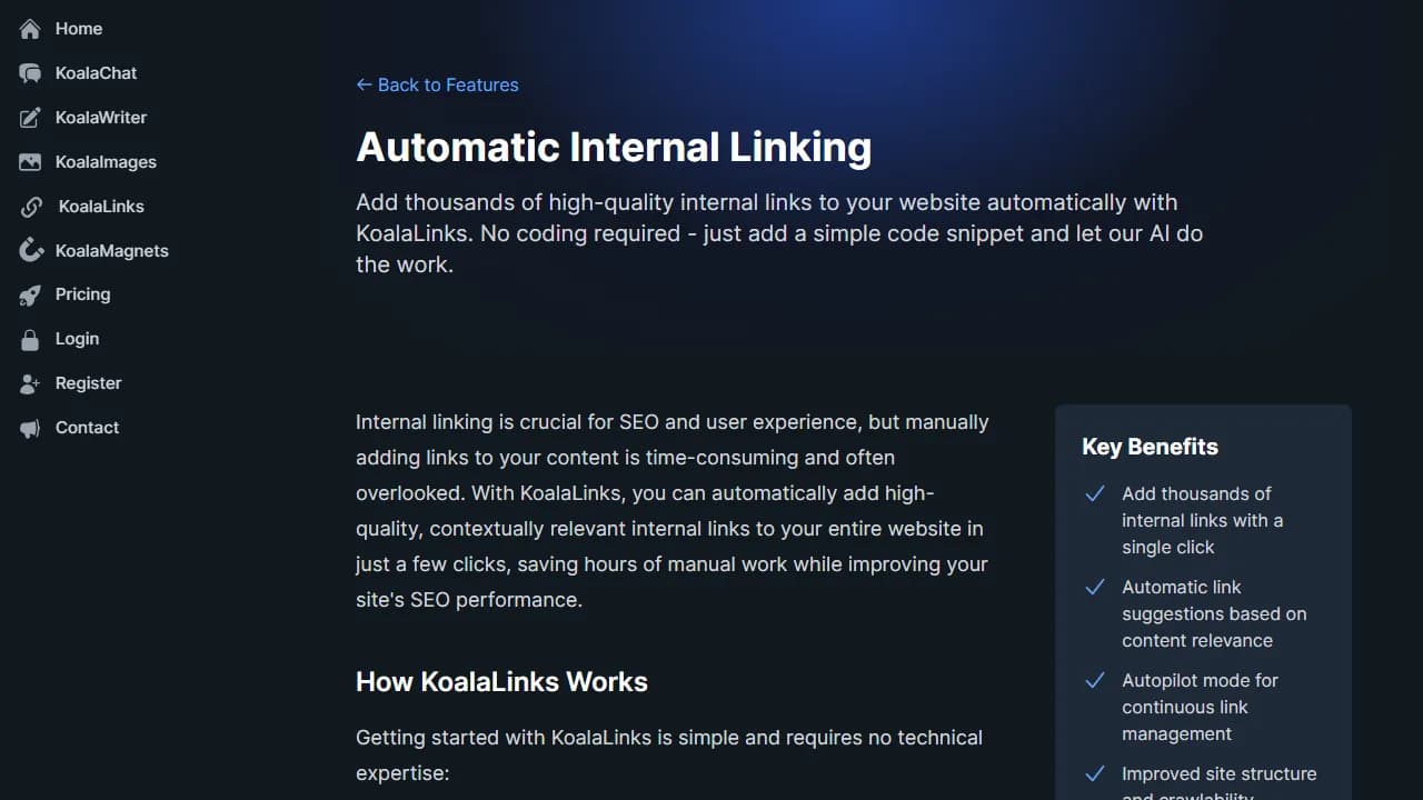 Capture officielle de la page Automatic Internal Linking de Koala