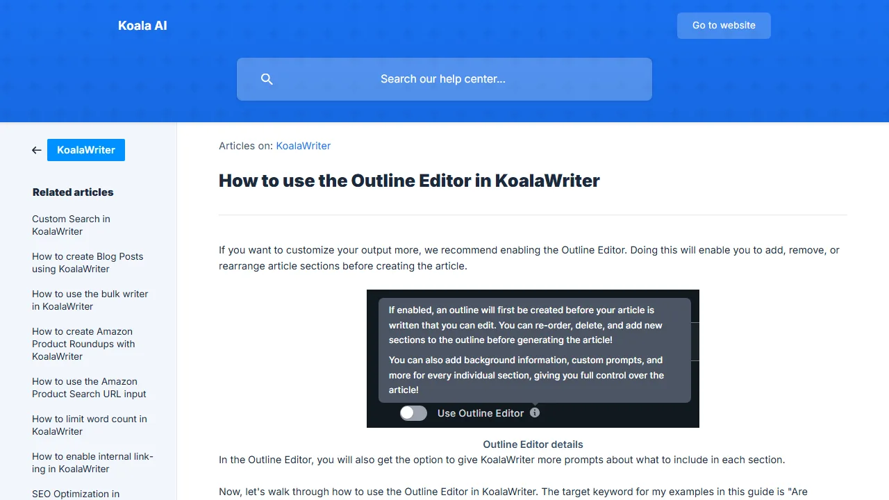 Capture de l’article support Koala montrant l’Outline Editor de KoalaWriter